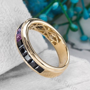 14k yellow gold black Moissanite wedding ring ,special men’s band ring , Alexandrite and Birthstone princess cut band ring, Comfort fit