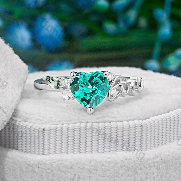 Blue Green Paraiba Tourmaline Engagement Ring, Heart Shape Neon Blue Tourmaline Promise Ring for Women, October Birthstone, 14K Gold  Ring