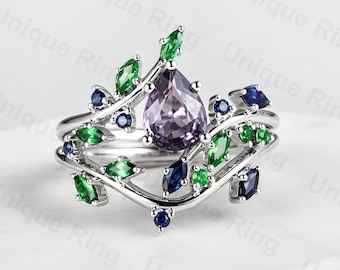 Cottagecore Leaf Ring | Pear Cut Purple, Sapphire, 14K White Gold Nature Engagement Ring Set
