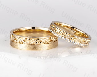 14K Gold Moissanite Floral Wedding Ring Set: Cottagecore Leaf Bands