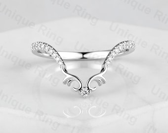 Natural Style Ring,Animal Deer logo wedding ring，Vintage Moissanite Curved Wedding Band Ring,Nature Inspired ring