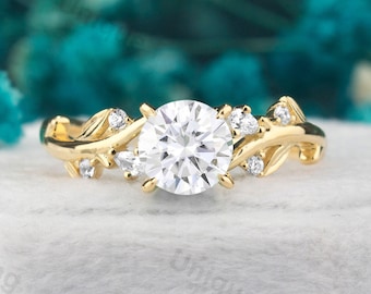 Branch and Leaf Moissanite Engagement Ring Nature Inspired Rose Gold Ring  Round Promise Ring Cottagecore Round Moissanite Engagement Ring