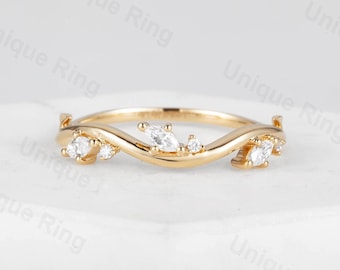 Cottagecore Leaf Moissanite Wedding Band: Vintage Gold Branch Ring