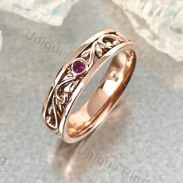 Vintage Mens ring 14K Gold ruby ring Antique wedding band leaf wedding band Floral Wedding Ring Vintage engrave ring