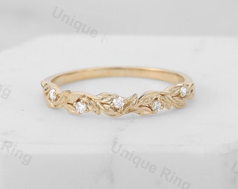 Natural Style Flower&Leaf Wedding Ring. 14K Gold Floral Wedding Ring ,Unique Wedding Ring.Vintage  Moissanite Band, Celtic Style  ring