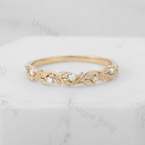 Natural Style Flower&Leaf Wedding Ring. 14K Gold Floral Wedding Ring ,Unique Wedding Ring.Vintage  Moissanite Band, Celtic Style  ring