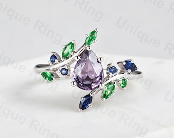 Cottagecore Leaf Ring | Pear Cut Purple, Sapphire, 14K White Gold Nature Ring