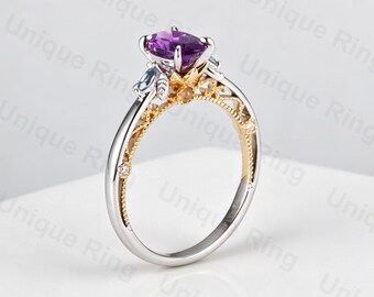 Art Deco Two Tone Gold Oval Amethyst Engagement Ring, Leafy Solitaire Wedding Ring
