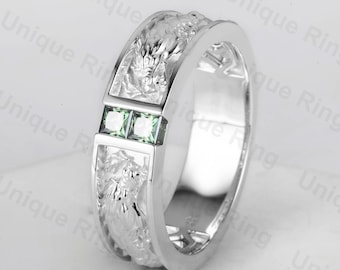 Vintage 14K Gold Green Moissanite Dragon  Engagement Ring，Men's Wedding Band，Custom Engraved Ring,Religious Jewelry