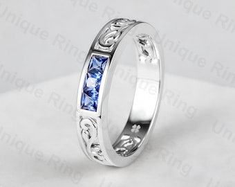 Vintage Mens ring 14K Gold lab blue sapphire ring Antique wedding band leaf wedding band Floral Eternity Wedding Ring Vintage engrave ring