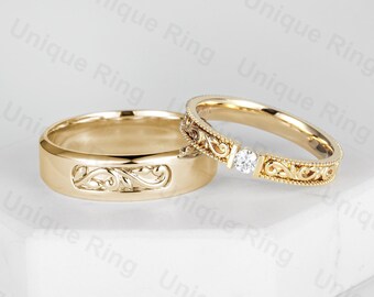 14K Gold Leaf Wedding Ring Set: Moissanite Floral Bands