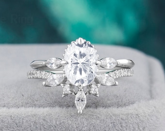 Oval Moissanite Engagement ring, White Gold Moissanite ring,Curved Wedding ring, Anniversary ring,custom ring