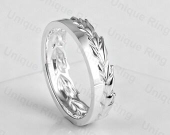 14K Gold Leaf Band Ring, Cottagecore Natural Theme Wedding Band