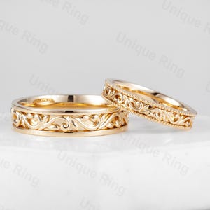 Natural Style Flower&Leaf Wedding Ring Set. 14K Gold solid Eternity Floral Band, Cottagecore Leaf Gold Men’s/Women&#39;s  Band Ring, Unique Ring