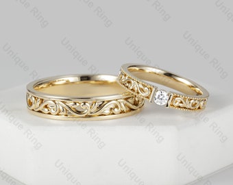 Floral Moissanite Wedding Ring Set: Cottagecore 14K Gold Leaf Bands