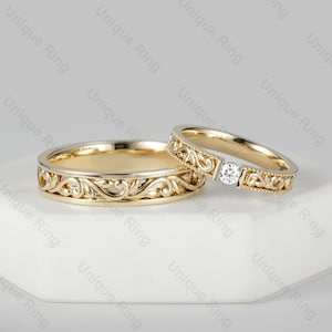 Natural Style Flower&Leaf Wedding Ring Set. Cottagecore Leaf Gold Men’s Band Ring,14K Gold Moissanite Floral Band