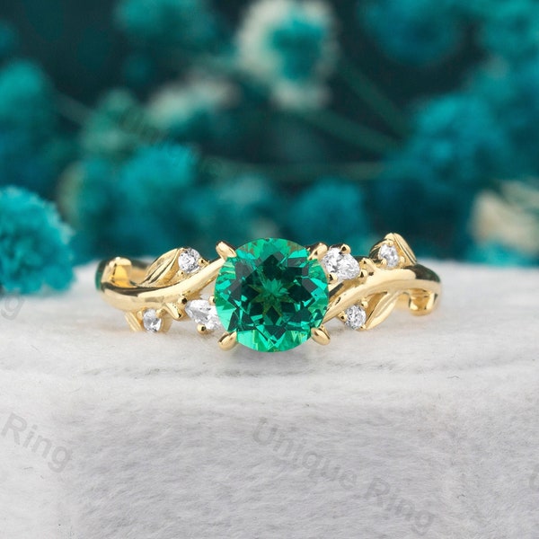 Cottagecore Emerald Engagement Ring For Natural Theme Wedding| Twig And Leaf Engagement Ring Set|Twig Leaf Anniversary Ring