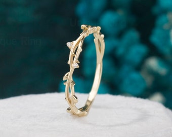 Twig Leaf Ring，Vintage Moissanite wedding band，Art Deco leaf yellow Gold Diamond wedding ring，nature gold ring for women