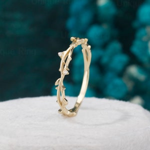 Twig Leaf Ring，Vintage Moissanite wedding band，Art Deco leaf yellow Gold Diamond wedding ring，nature gold ring for women