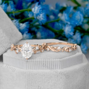 Oval Moissanite engagement ring set Twig leaf engagement ring twisted ring anniversary Unique Bridal Ring moissanite Promise ring