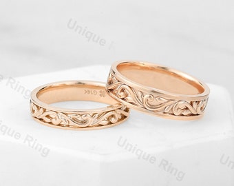 Floral Leaf Wedding Ring Set: Cottagecore 14K Rose Gold Bands