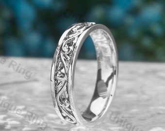 Cottagecore Leaf Solid Gold Men’s Band Ring For Natural Theme Wedding ,  14K Gold Floral Eternity Wedding Ring , 14K  Flower Pattern Band