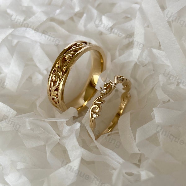 Natural Style Flower&Leaf Wedding Ring Set. Cottagecore Leaf Gold Men’s Band Ring,14K Gold Moissanite Floral Band