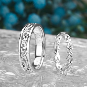 Floral Moissanite 14K Gold Wedding Ring Set: Cottagecore Leaf Bands