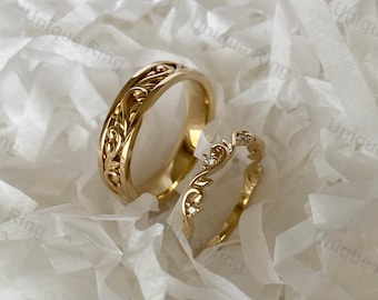 Natuurlijke stijl bloem & blad trouwring set. Cottagecore Leaf Gold herenbandring, 14K gouden Moissanite bloemenband