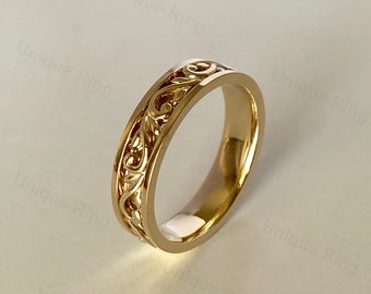 Cottagecore Leaf Solid Gold Men’s Band Ring ,  14K Gold Floral Wedding Ring ,Unique Wedding Ring 14K Gold Flower Pattern Band