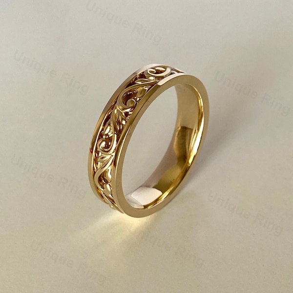 Cottagecore Leaf Solid Gold Men’s Band Ring ,  14K Gold Floral Wedding Ring ,Unique Wedding Ring 14K Gold Flower Pattern Band