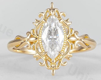 Vintage Marquise Cut Moissanite Engagement Ring 14k Solid Gold Ring Art Deco Filigree Yellow Gold with Halo and Milgrain  Anniversary Ring