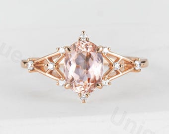 Oval Morganite Engagement Ring: 14K Rose Gold Vintage Anniversary Ring