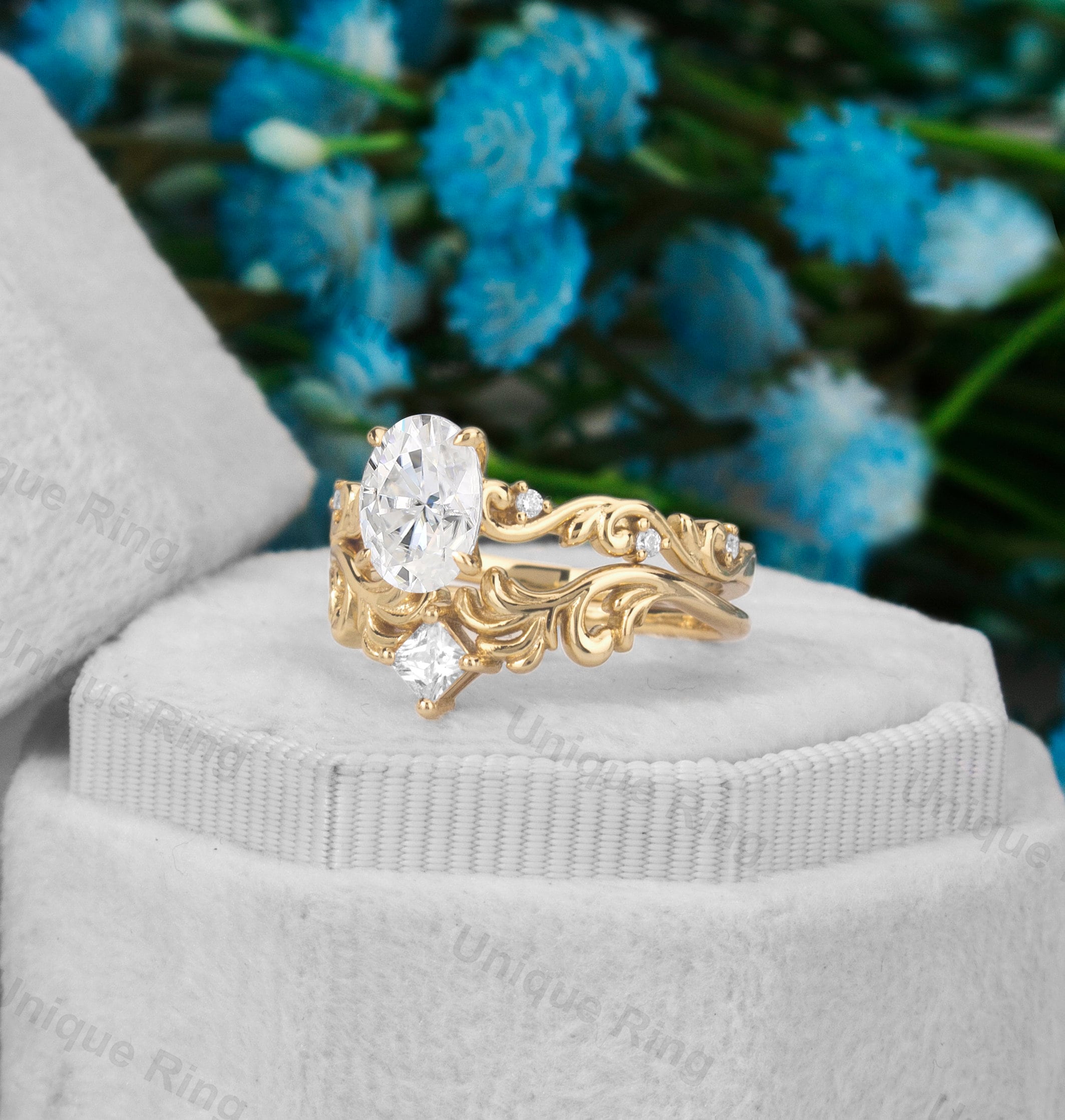Oval Moissanite Engagement Ring Set, Floral Leaf Gold Band, Cottagecore Oval Moissanite Engagement Ring Set, Floral Leaf Gold Band, Cottagecore