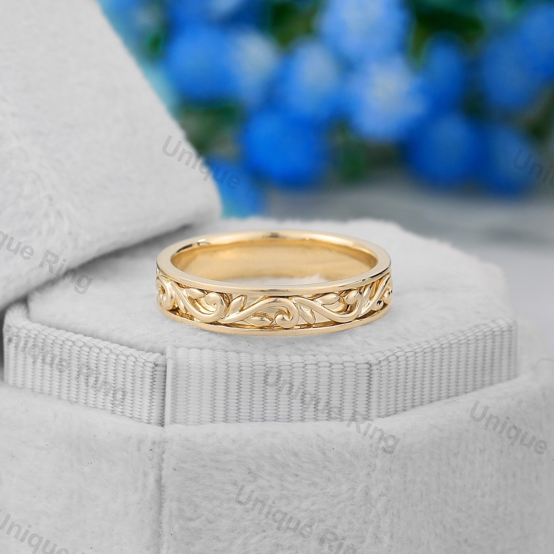 Cottagecore Leaf Solid Gold Men's/women's Band Ring，4mm 14K