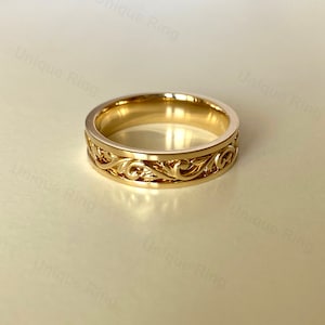 Cottagecore Leaf Solid Gold Mens Band Ring , 14K Gold Floral Wedding Ring ,Unique Wedding Ring 14K Gold Flower Pattern Band image 7