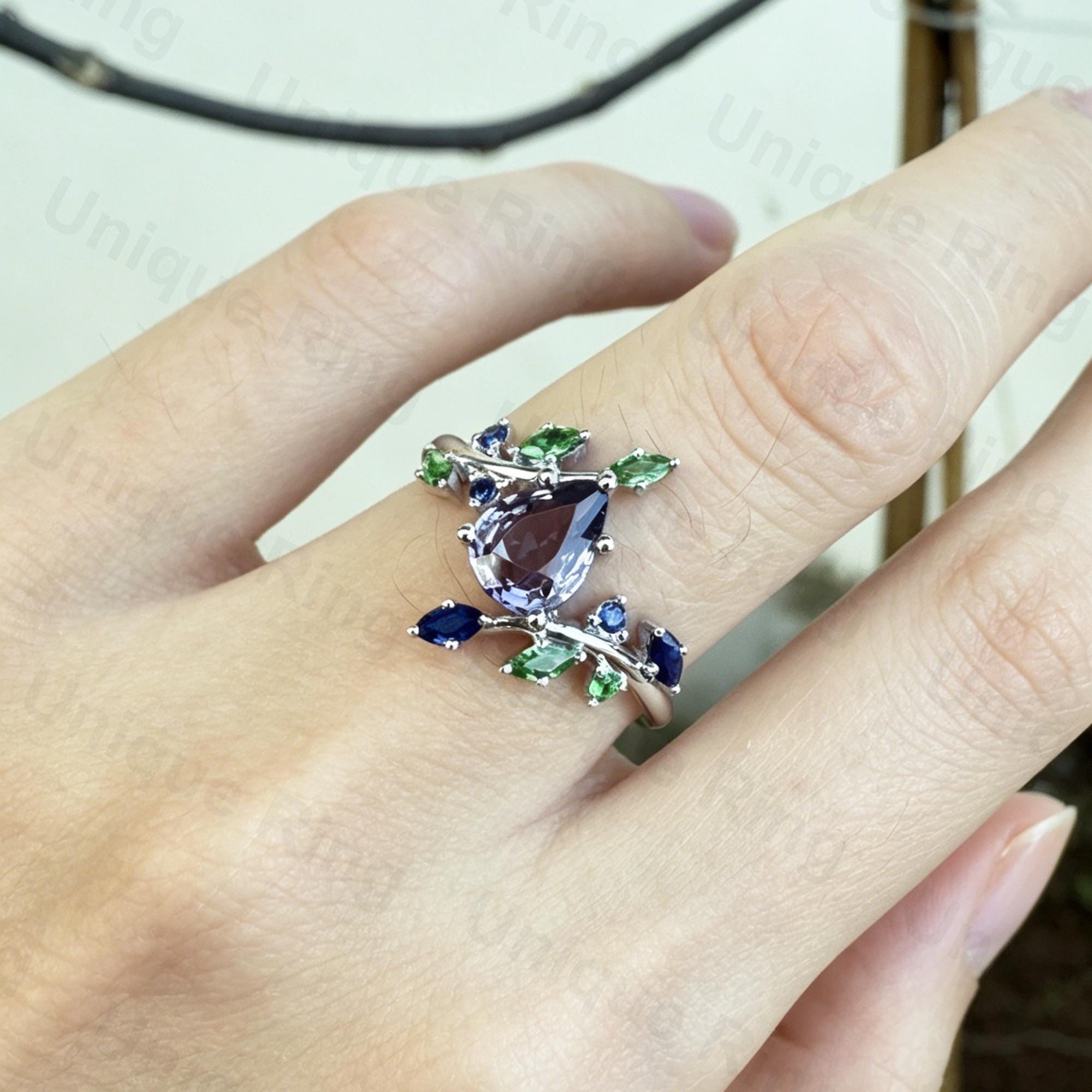 Cottagecore Leaf Ring | Pear Cut Purple, Sapphire, 14K White Gold ...