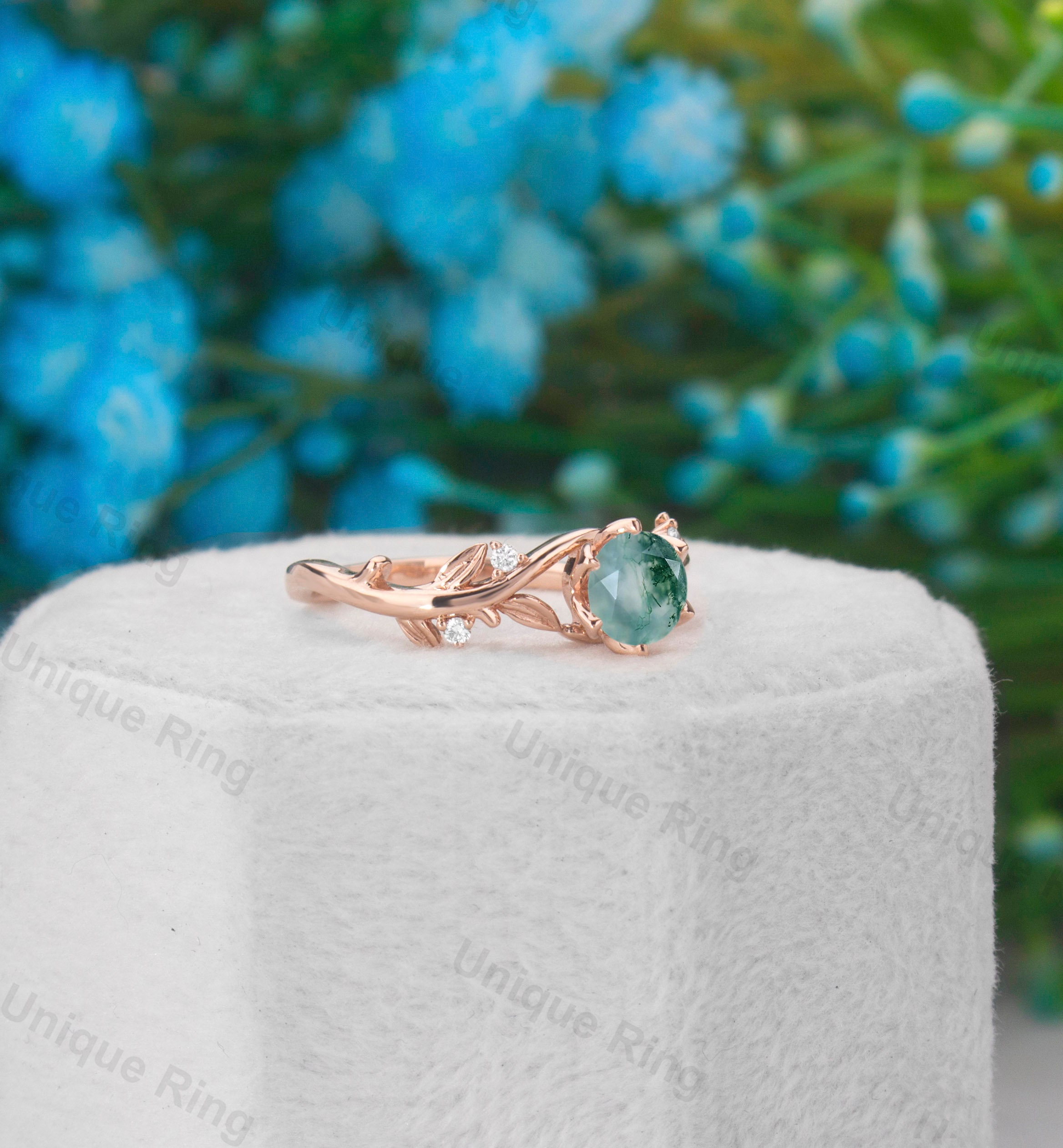 Cottagecore Moss Agate Engagement Ring: Solid Gold Leaf Bridal Ring - Etsy