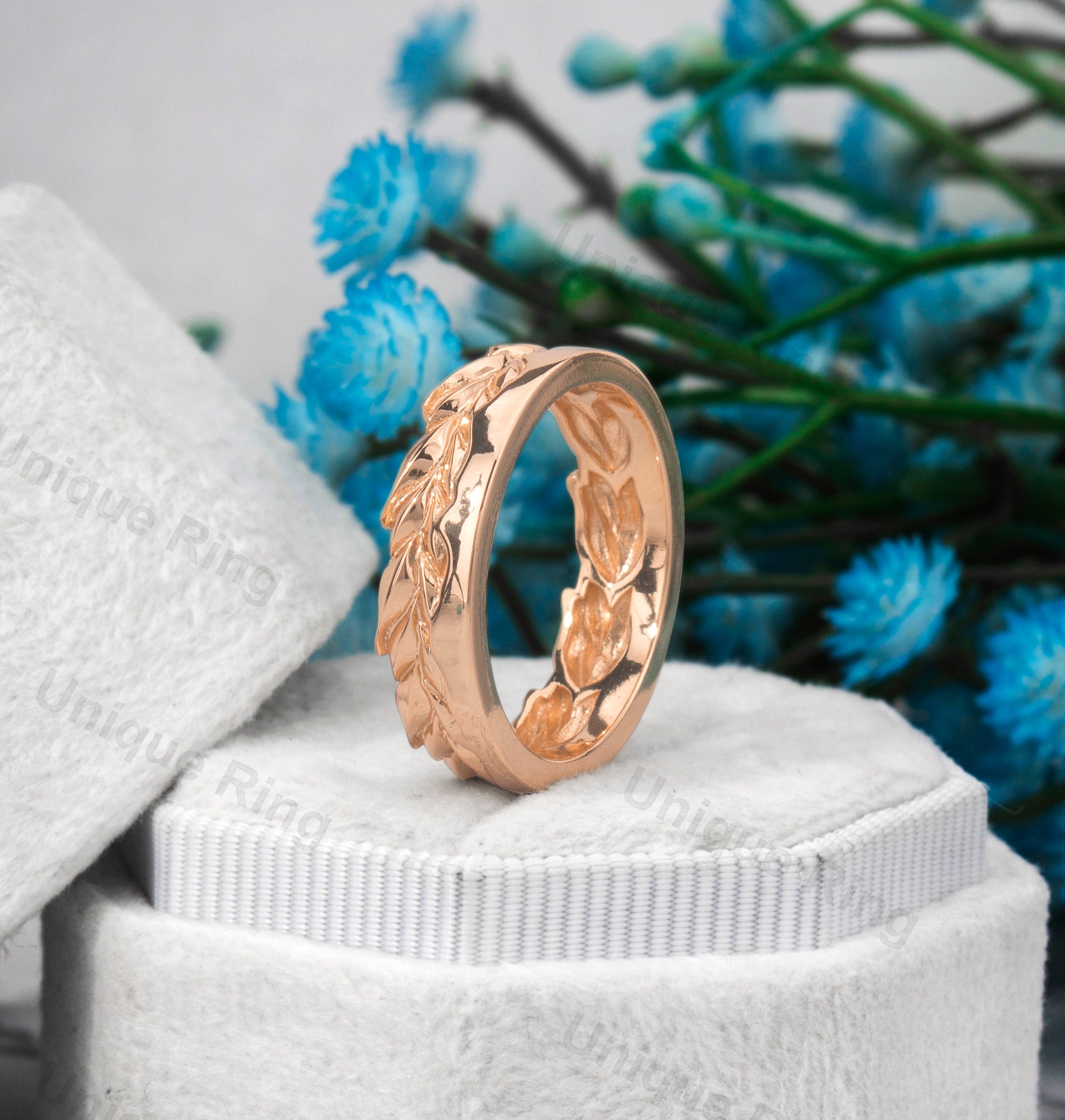 Cottagecore Leaf Solid Gold Men’s Band Ring for Natural Theme Wedding ...