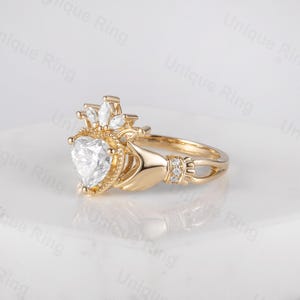 Claddagh Ring, Heart Shape Moissanite Claddagh Ring, Celtic Knot Ring, Irish Crown Heart Ring, Moissanite Heart Ring, Gold Hand Ring image 3