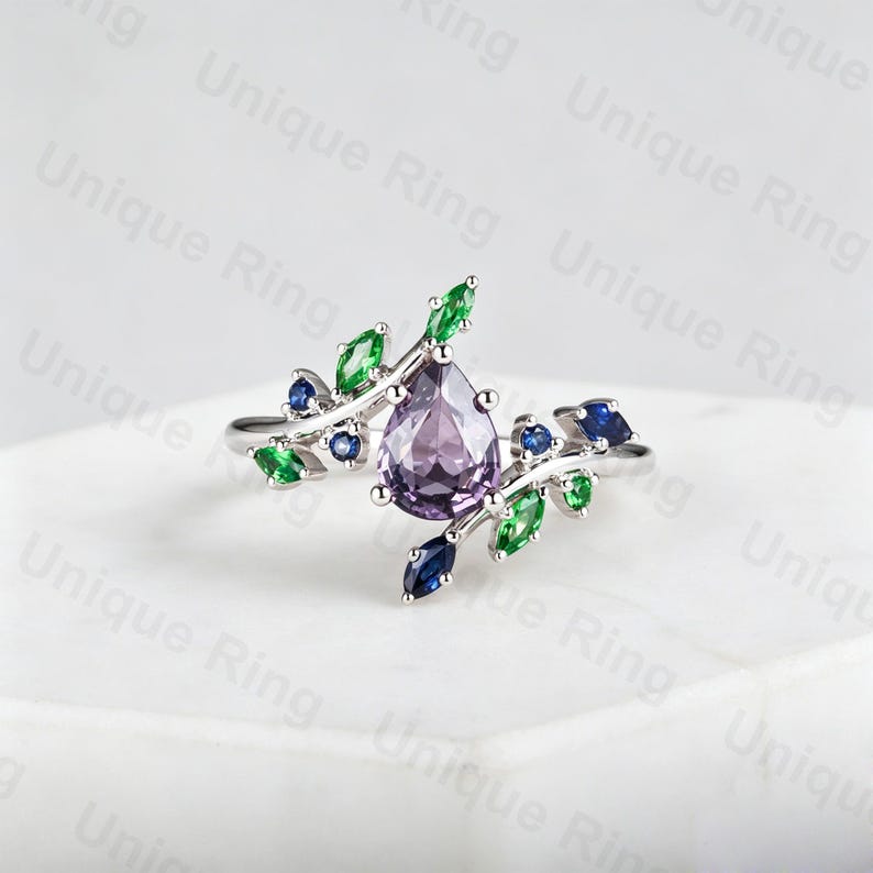 Cottagecore Leaf Ring | Pear Cut Purple, Sapphire, 14K White Gold ...