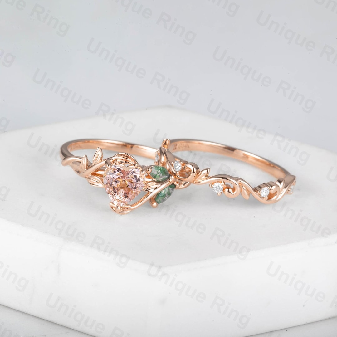Cottagecore Rose Gold Morganite Heart Ring Set, Vine Leaf Wedding Ring ...
