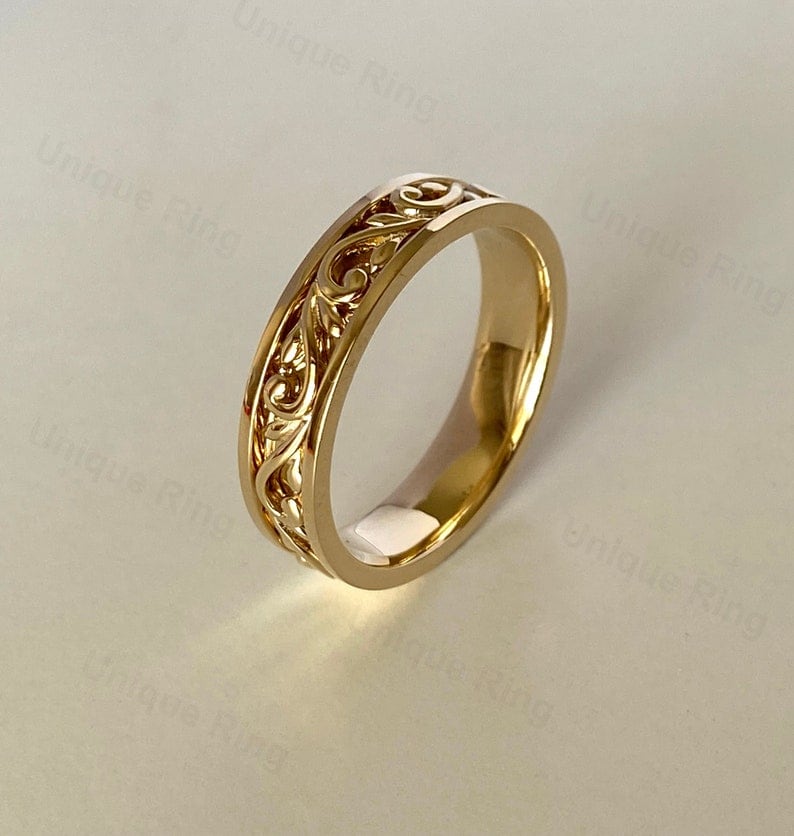 Cottagecore Leaf Solid Gold Mens Band Ring , 14K Gold Floral Wedding Ring ,Unique Wedding Ring 14K Gold Flower Pattern Band image 1