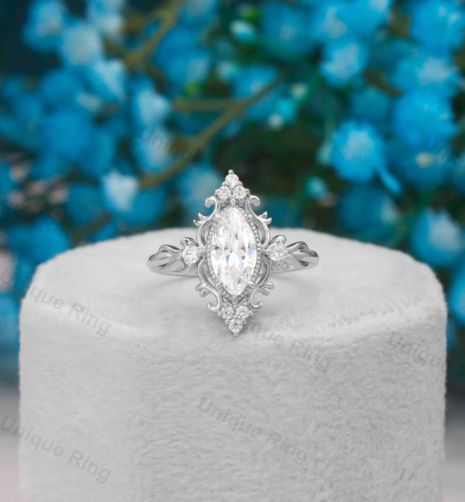 Marquise Cut Moissanite Engagement Ring Vintage Yellow Gold Cluster ...
