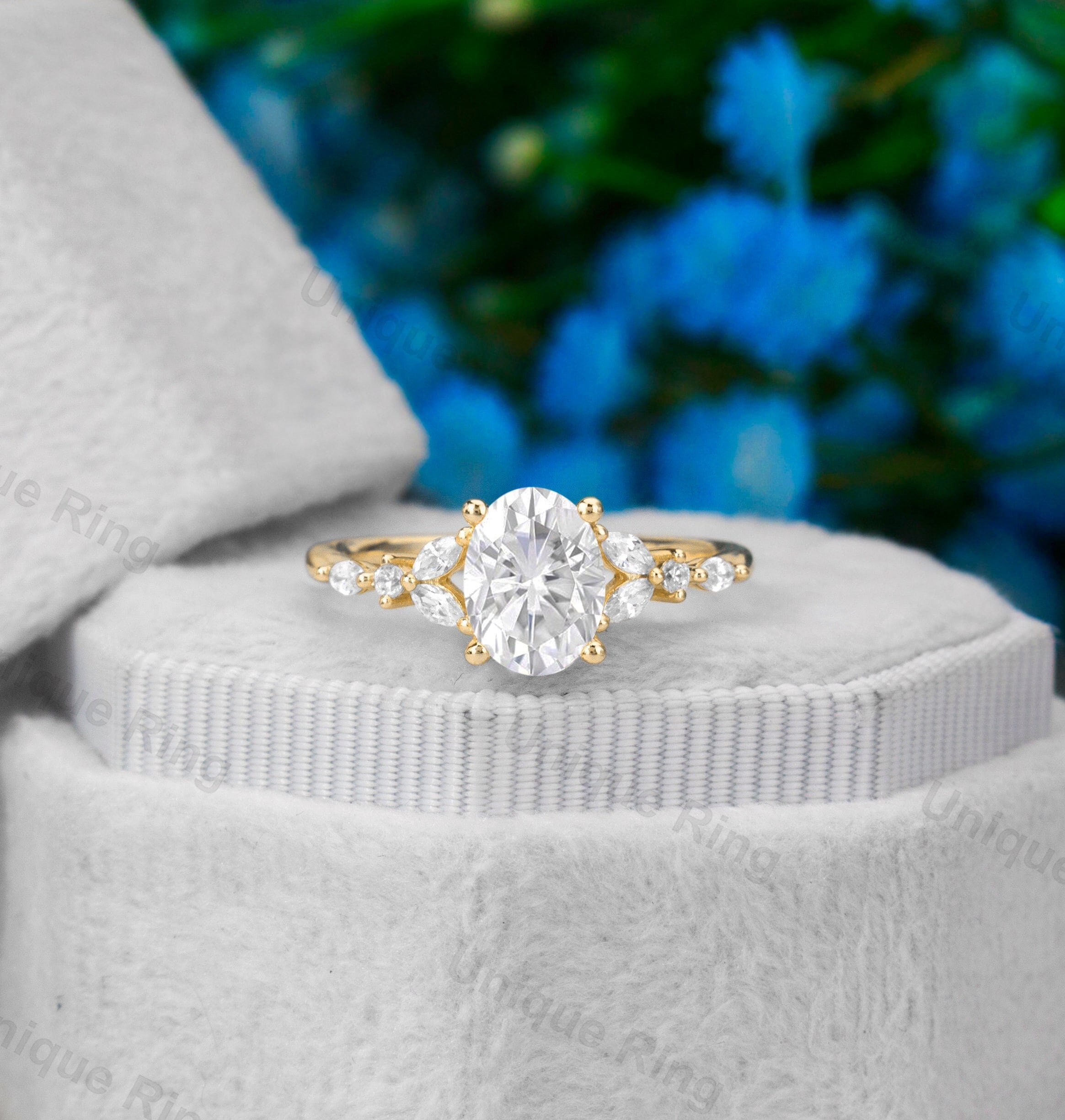 Oval Moissanite Engagement ring Marquise ring Simple Solid yellow gold half eternity Unique vintage wedding Bridal Anniversary ring