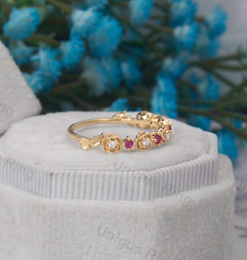 Cottagecore Nature Ruby Wedding Ring,rose Flower Moissanite Ring，rose ...