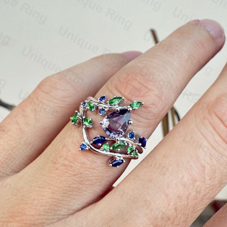 Cottagecore Leaf Ring | Pear Cut Purple, Sapphire, 14K White Gold ...