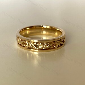 Cottagecore Leaf Solid Gold Mens Band Ring , 14K Gold Floral Wedding Ring ,Unique Wedding Ring 14K Gold Flower Pattern Band image 6