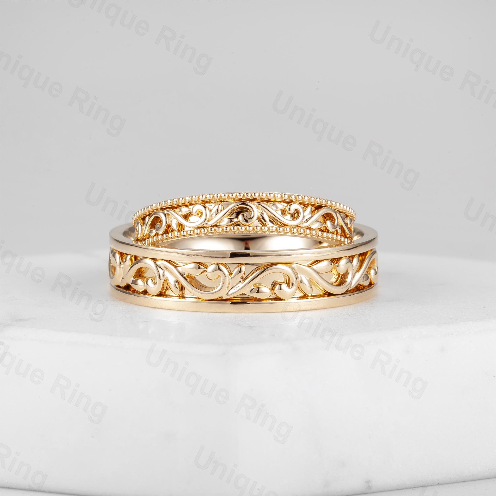 14K Gold Floral Wedding Ring Set: Cottagecore Leaf Band - Etsy 14K Gold Floral Wedding Ring Set: Cottagecore Leaf Band - Etsy