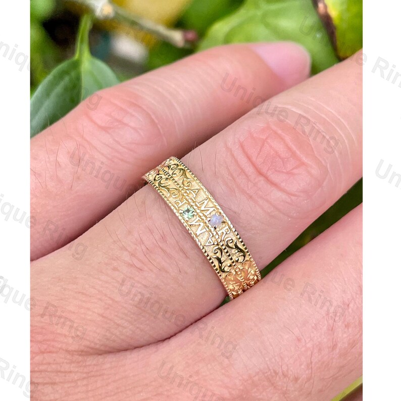 Antique Style Solid Gold Wedding Ring: Amor Inscription, Opal & Peridot ...